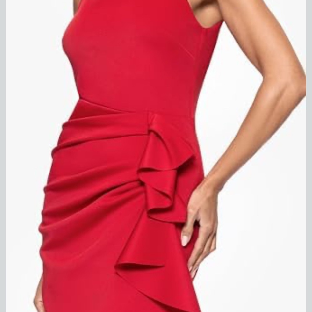 Xscape Red One-Shoulder Ruffle Sheath Dress - Picture 4 of 7